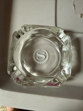 Clear Heavy Glass Square Ashtray “S” in Laurel Wreath, Sheraton Hotel